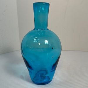 Vintage Blue Hand Blown Glass Vessel | Vase | Wide Belly Jar | dimples 8 inches